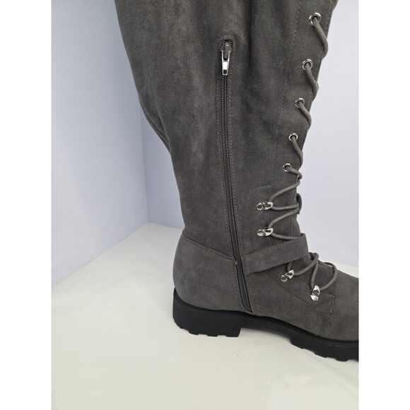 Shoe dazzle thigh high gray Faux suede lace up biker Style Chunky boot Sz 8.5 - Picture 10 of 13